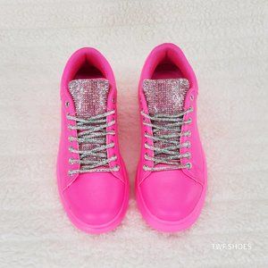 Comfy Cush 4 Bright Neon Hot Pink Rhinestone Fashion Sneakers Tennis Shoes